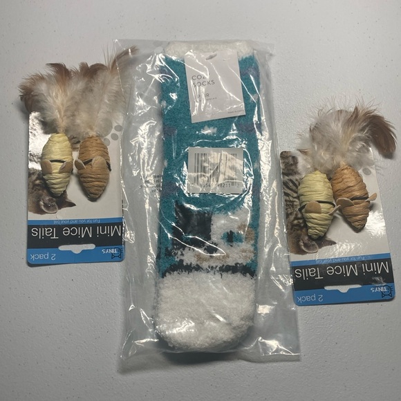 Other - Cozy animal CAT sock crew length with feather mice Cat Toys